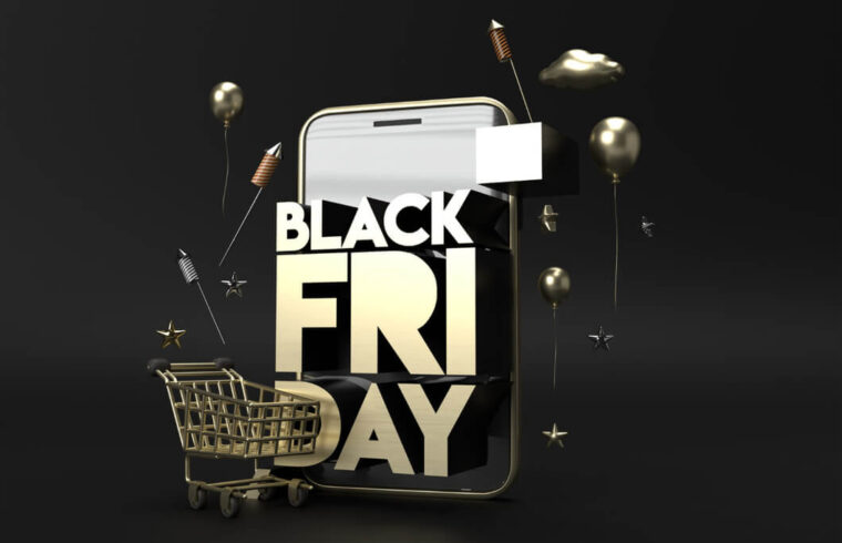 banner-black-friday-ecommerce-com-celular-e-baloes-em-tons-preto-e-cinza-metalizado