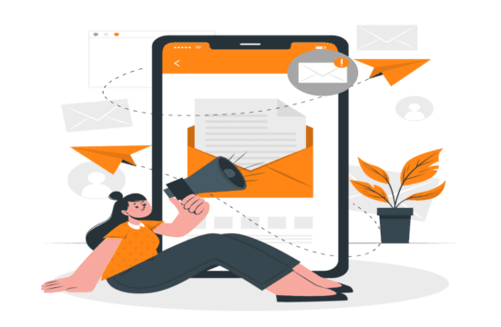 ilustracao-digital-em-tons-laranja-branco-e-preto-com-icones-de-email-marketing-e-tela-de-celular