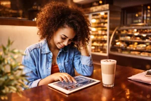 mulher sorrindo enquanto mexe no tablet em uma cafeteria