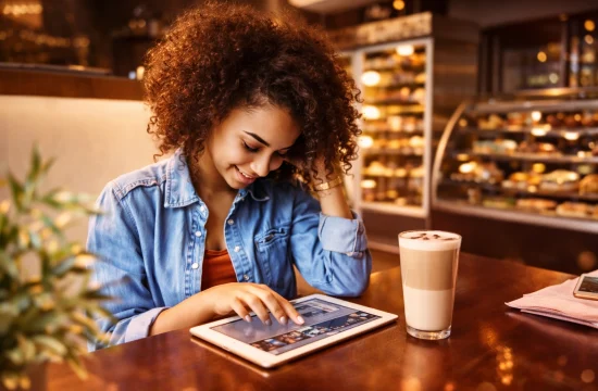 mulher sorrindo enquanto mexe no tablet em uma cafeteria