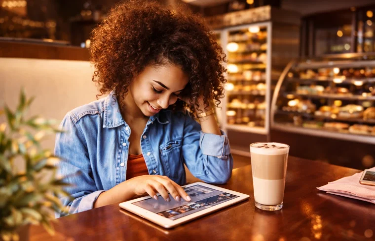mulher sorrindo enquanto mexe no tablet em uma cafeteria