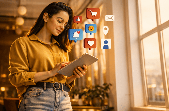 Mulher usando o celular com ícones de redes sociais em campanha de Black Friday