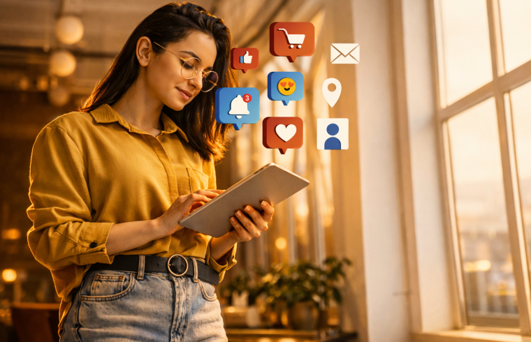 Mulher usando o celular com ícones de redes sociais em campanha de Black Friday