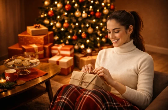 Mulher abrindo presentes de Natal