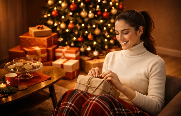 Mulher abrindo presentes de Natal