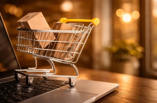 Carrinho de compras em frente ao notebook em campanha de Cyber Monday