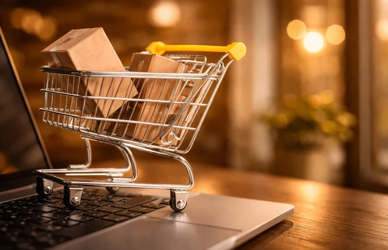 Carrinho de compras em frente ao notebook em campanha de Cyber Monday