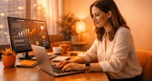 Mulher trabalhando em seu notebook com dashboard ao fundo