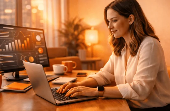 Mulher trabalhando em seu notebook com dashboard ao fundo